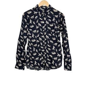 J.Crew Factory Womens S Navy Cat Print Button Up Shirt Animal Novelty Y2K